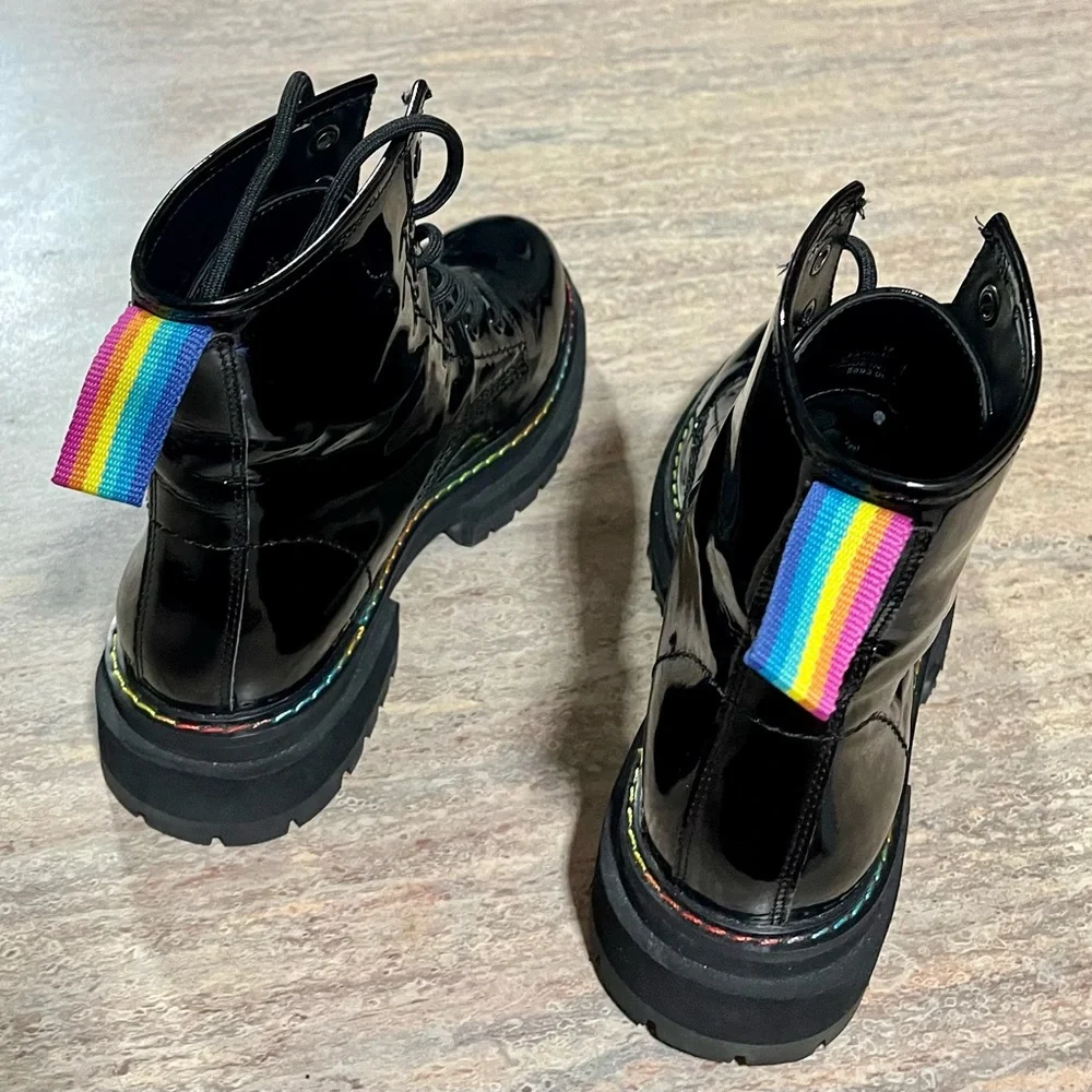 Kurt Geiger London Birdie black glossy combat boots with rainbow 🌈 stitching - Picture 6 of 16